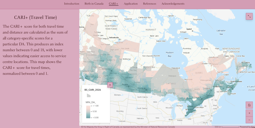 ArcGIS StoryMap interface for accessibility scores to birth and obstetrical services in Canada.