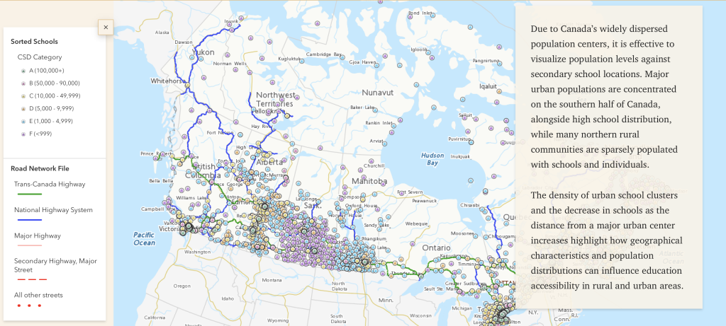 Screen capture of the ArcGIS StoryMap interface showing high school locations for Canada and major highways.