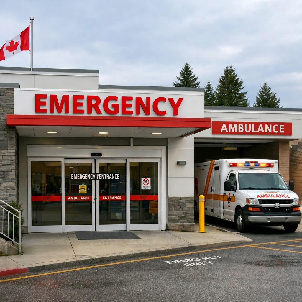 Hospital emergency entrance with red signage and ambulance parked in bay